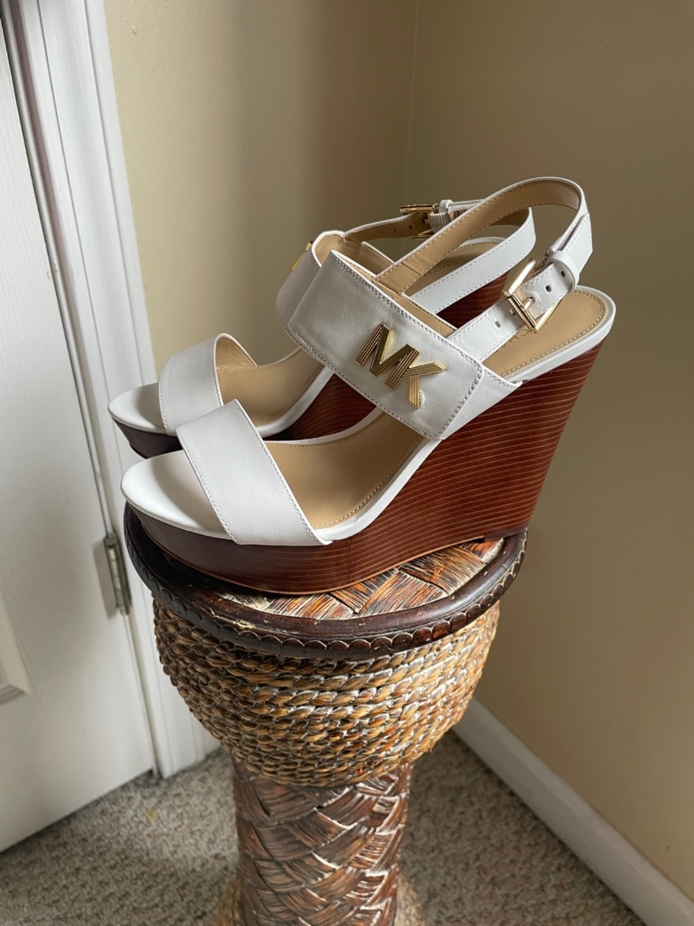 Michael Kors White Deanna Boho Preppy Leather Wedge Sandals